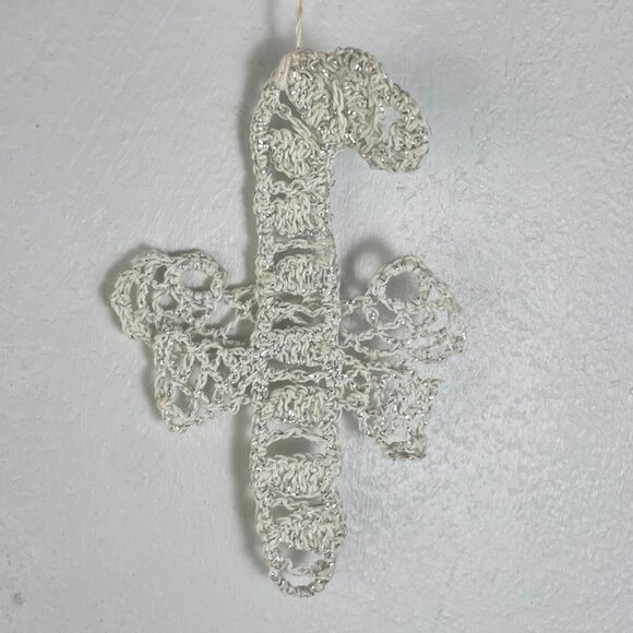 Vintage Crochet Candy Cane Ornament Hand Made White Thread Sparkly Christmas - Picture 1 of 3